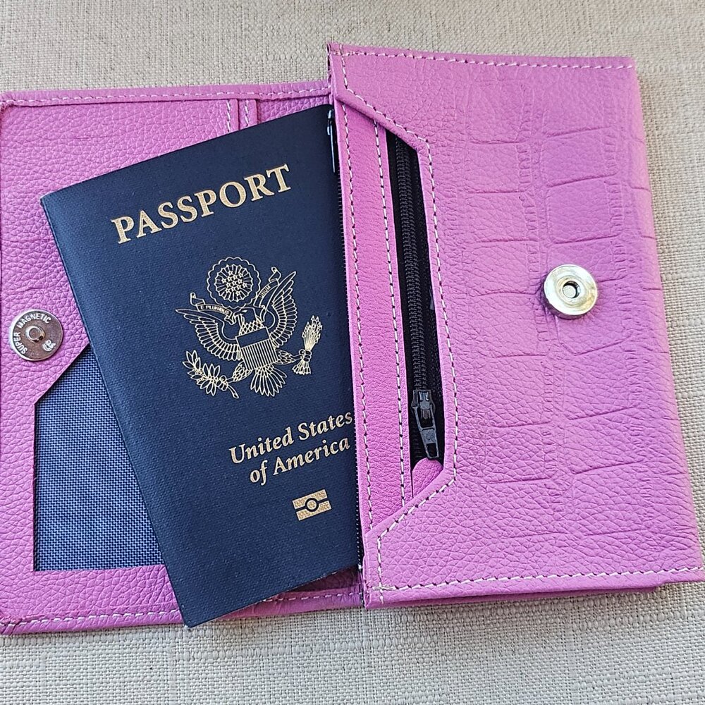 Passport Holder Pink Genuine Leather Purse Wallet Card Holder Multi Compartments
